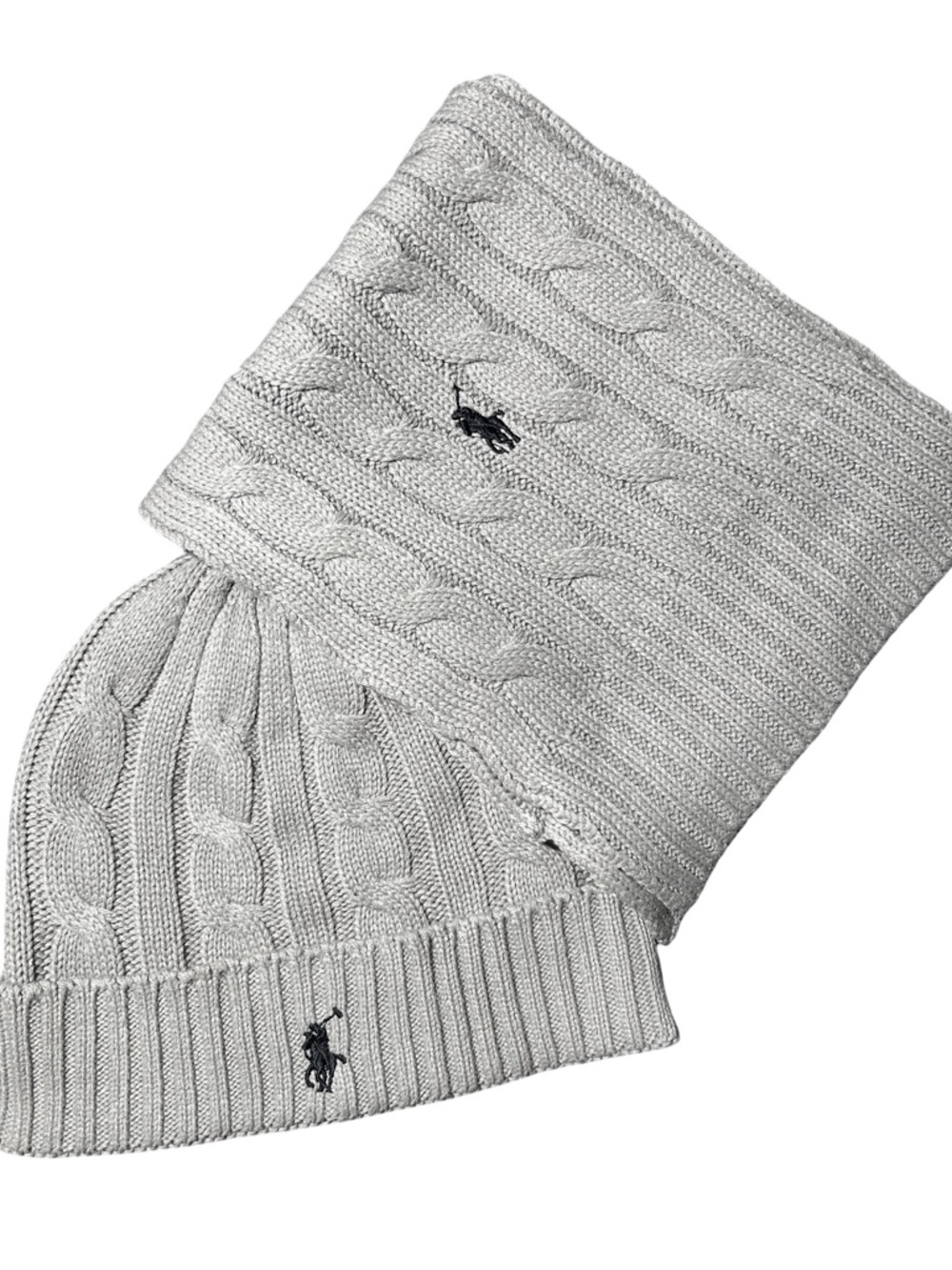 Ralph Lauren Light Gray Cable Knit Beanie & Scarf Set